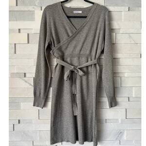 ASTER  NWOT Wrap Front V-neck Long Sleeve Belt Knit Sweater Dress Gray L